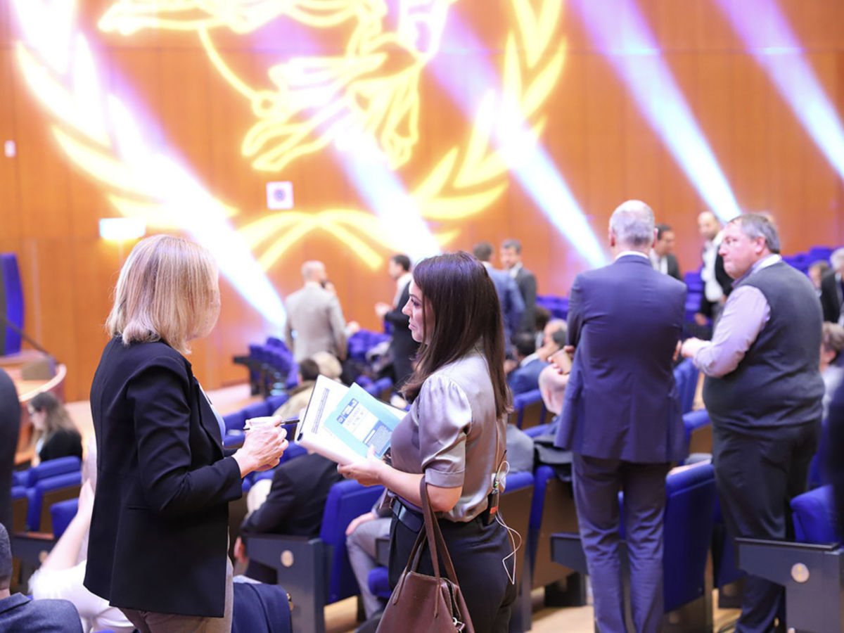 People in a conference hall. Some are sitting, others are standing. On the wall, there is lighting with a bird motif. Blue seats.