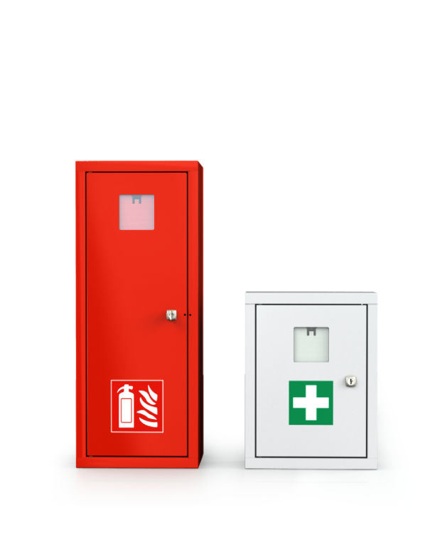 Cabinets for fire extinguishers, first aid kits